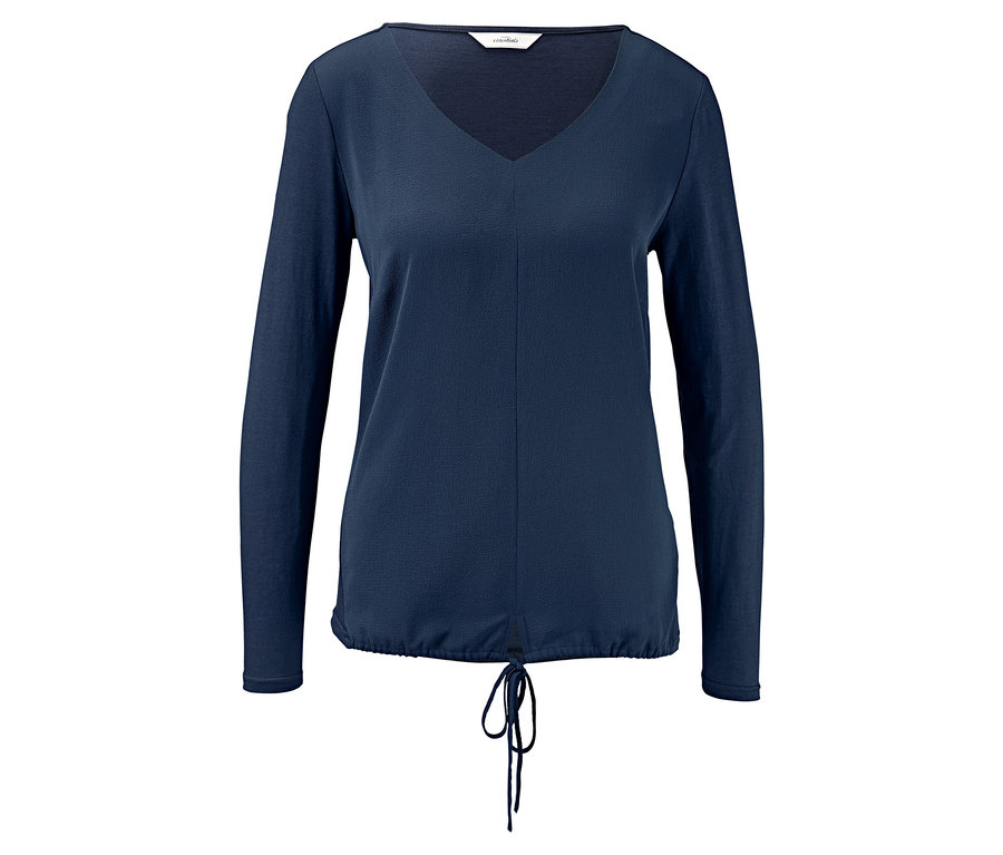 Marineblaues Blusenshirt mit V-Ausschnitt und langen Ärmeln.