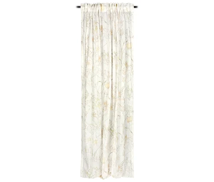 Weißer Vorhang der SCHÖNER WOHNEN-Kollektion »LOVELY« mit verdeckten Schlaufen und zartem Blumenmuster in Pastelltönen, auf einer Stange.