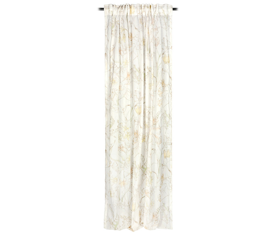 Weißer Vorhang der SCHÖNER WOHNEN-Kollektion »LOVELY« mit verdeckten Schlaufen und zartem Blumenmuster in Pastelltönen, auf einer Stange.