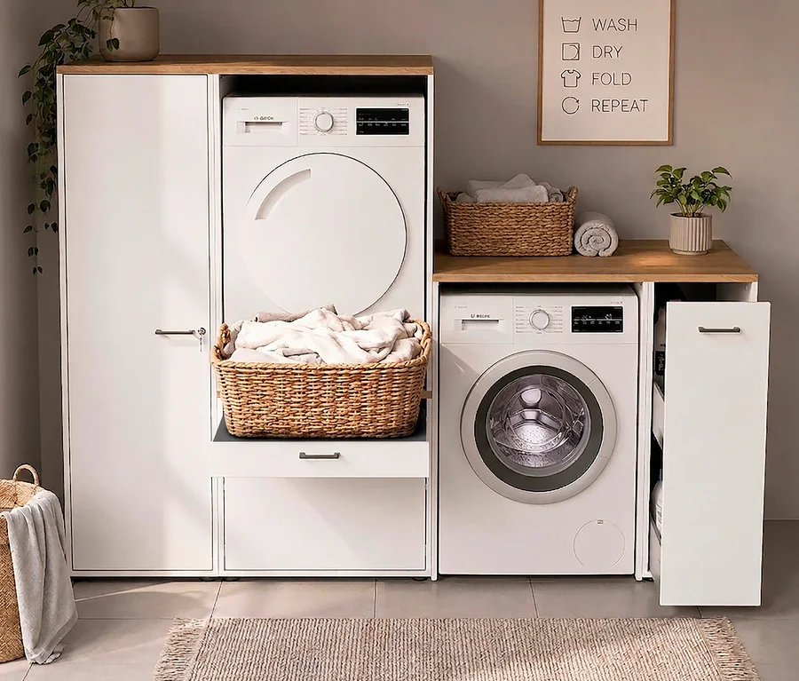 Moderne Waschküche mit weißen Geräten und mattweißen Schränken. Ein weißer Trockner steht über einer Waschmaschine, mit einem Wäschekorb auf einem Auszugsboden dazwischen. Rechts befindet sich eine zweite Waschmaschine unter einer Holztheke, neben einem teilweise geöffneten mattweißen Apothekerschrank »Solea«. Ein Schild 'Wash, Dry, Fold, Repeat' hängt an der Wand.