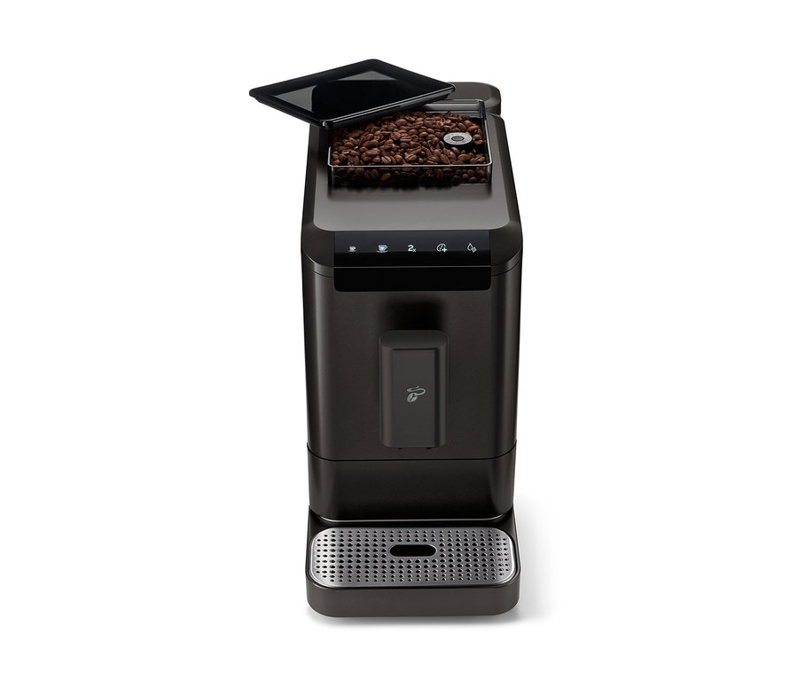 Frontansicht des »Esperto2 Caffè« Kaffeevollautomaten in Granite Black mit offenem Bohnenbehälter.