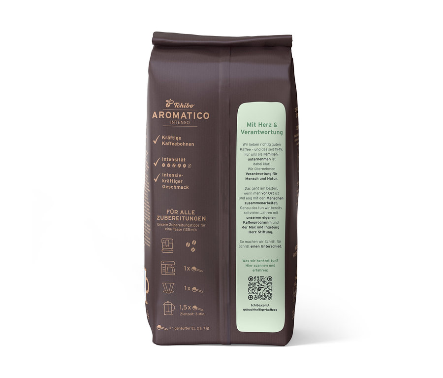 Eine Packung Aromatico Intenso - 1 kg Ganze Bohne Kaffee von Tchibo ist aufrecht dargestellt.