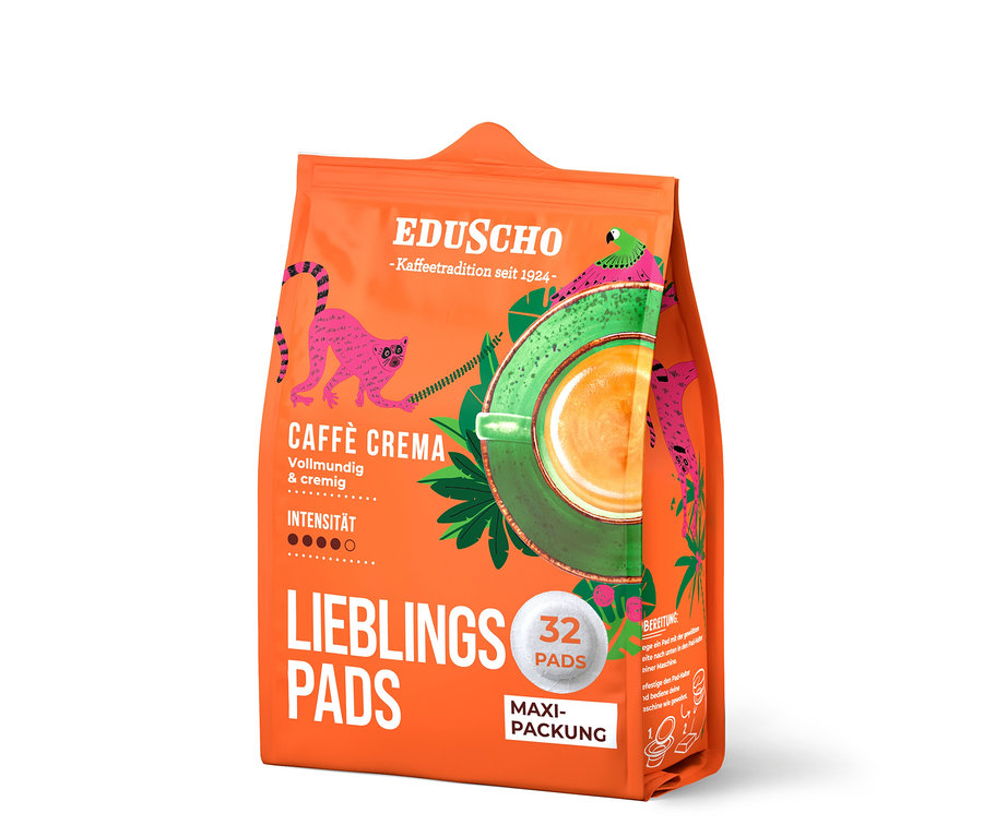 Orangefarbene Packung Eduscho Lieblingspads Caffè Crema mit Tierabbildungen und einer Tasse Kaffee.