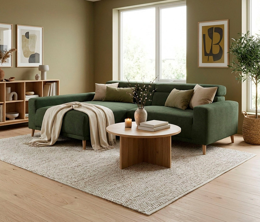 Ein modernes Wohnzimmer mit olivgrünen Wänden, einem grünen L-förmigen Sofa mit beigen Kissen und einer hellen Decke. Ein runder Holztisch mit einer Vase, Kerze und Büchern steht auf einem hellen, strukturierten Teppich. Ein Holzregal, abstrakte Kunst und eine Topfpflanze ergänzen die Einrichtung.