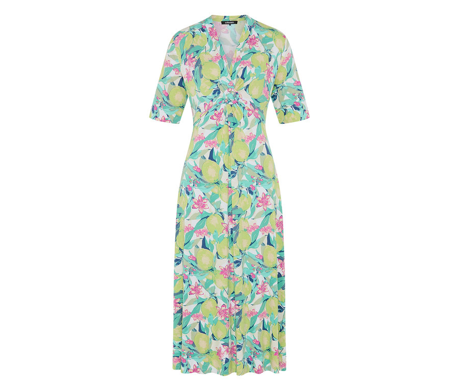 Langes Olsen Jerseykleid mit V-Ausschnitt, kurzen Ärmeln und einem Muster aus grünen Zitrusfrüchten, rosa Blüten und blauen Blättern.