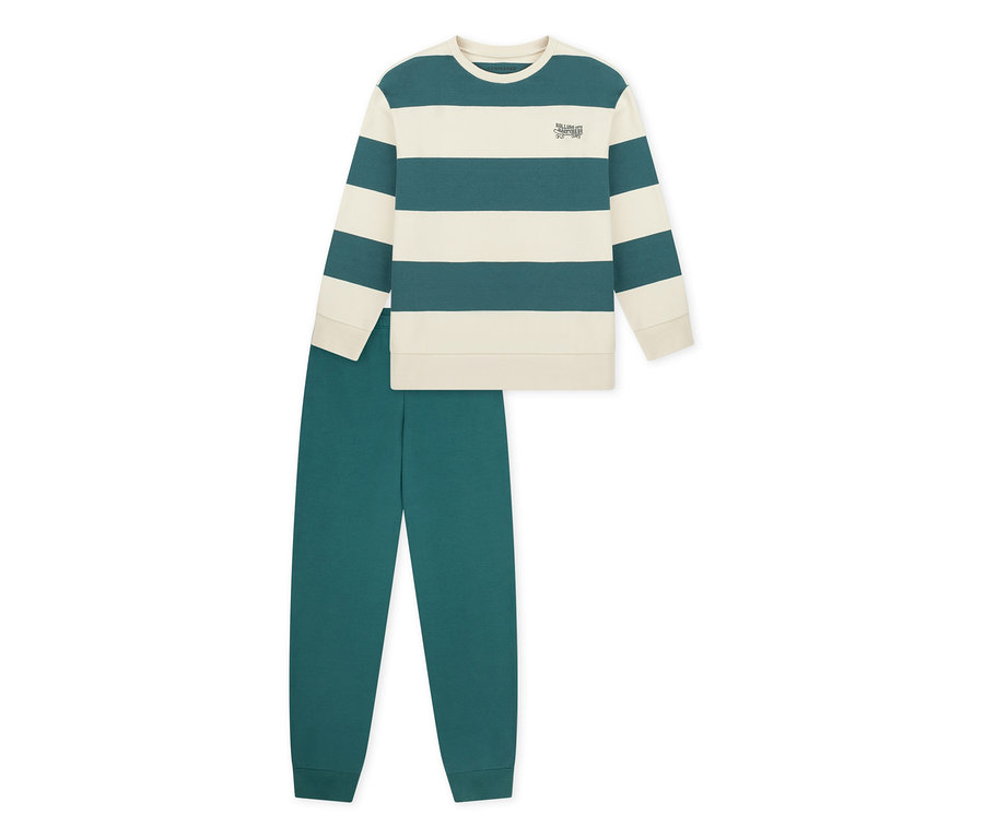 SCHIESSER Kinder-Interlock-Pyjama: cremefarbenes und petrolfarbenes Langarmshirt mit Streifen und passender Hose mit Bündchen.