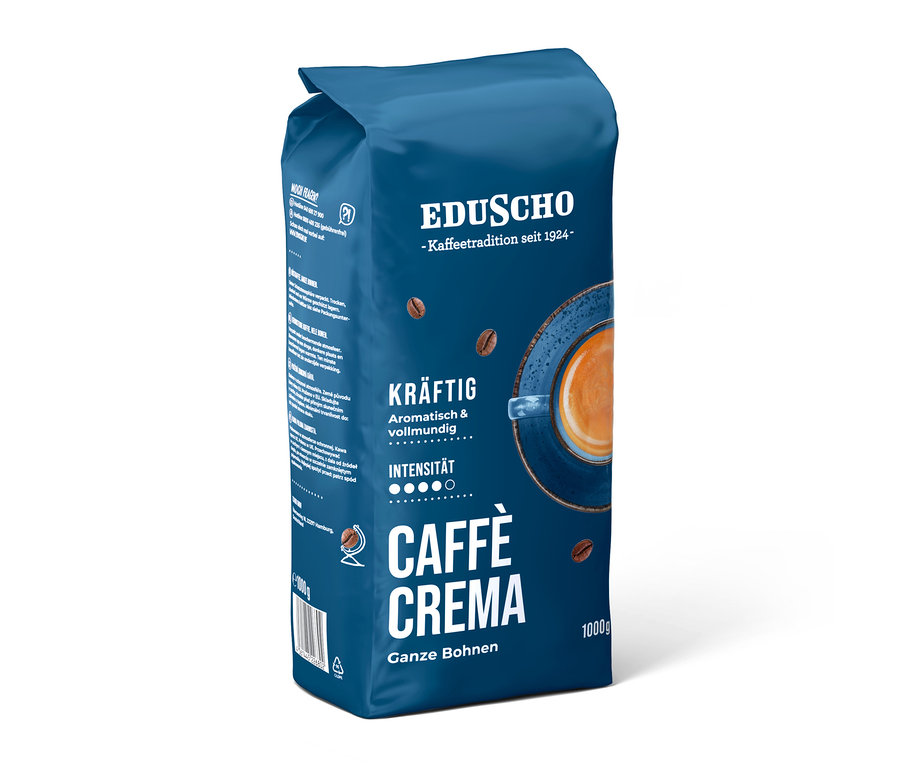 Eine blaue Packung Eduscho Caffè Crema Kräftig mit 1 kg ganzen Kaffeebohnen, verziert mit einer Kaffeetasse und Kaffeebohnen.
