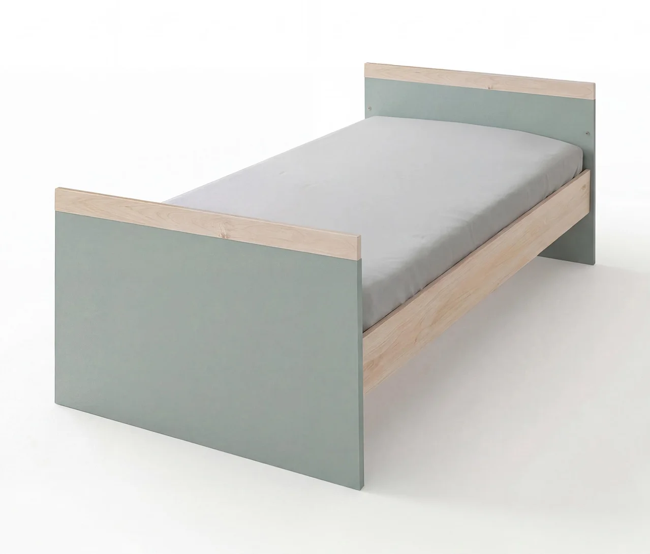 Roba Kinderbett Selva in Reed Green und Virginia Chestnut mit hellgrauer Matratze.