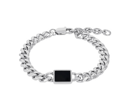 Silbernes Amor Unisex-Armband mit einem schwarzen, rechteckigen Anhänger.