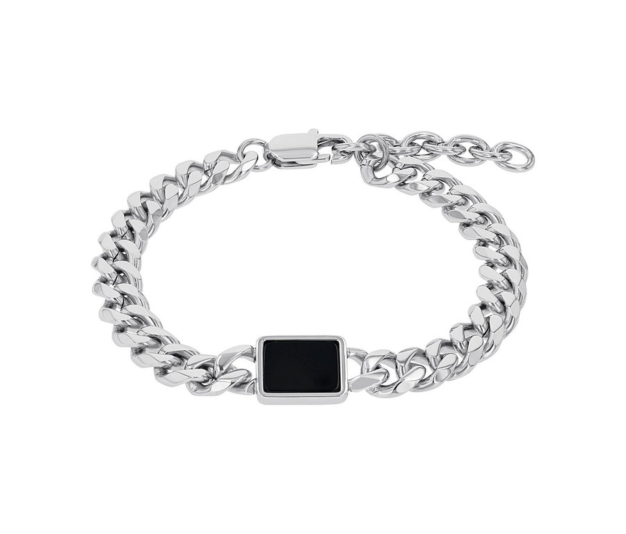 Silbernes Amor Unisex-Armband mit einem schwarzen, rechteckigen Anhänger.