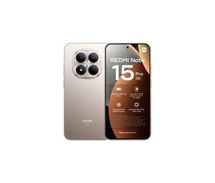 Titanfarbenes Xiaomi Redmi Note 15 Pro 5G Smartphone, zeigt die Rückseite mit vier Kameras und die Vorderseite mit Display, das technische Merkmale wie 6580mAh Akku und 200MP Kamera anzeigt.