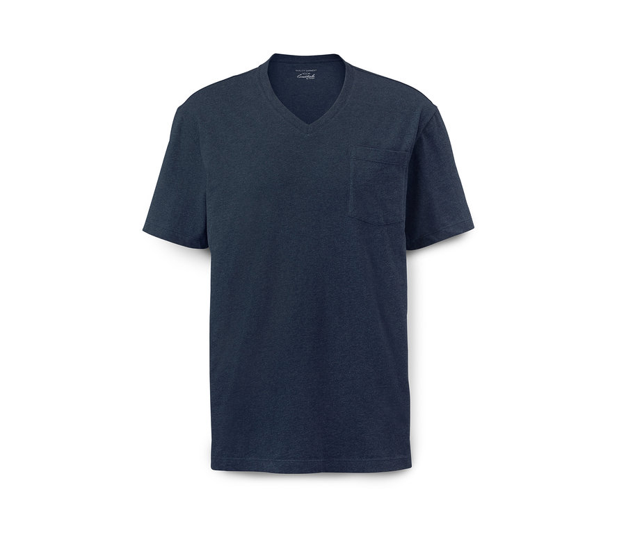 Ein marineblauer Shorty-Pyjama mit V-Ausschnitt und Tasche.