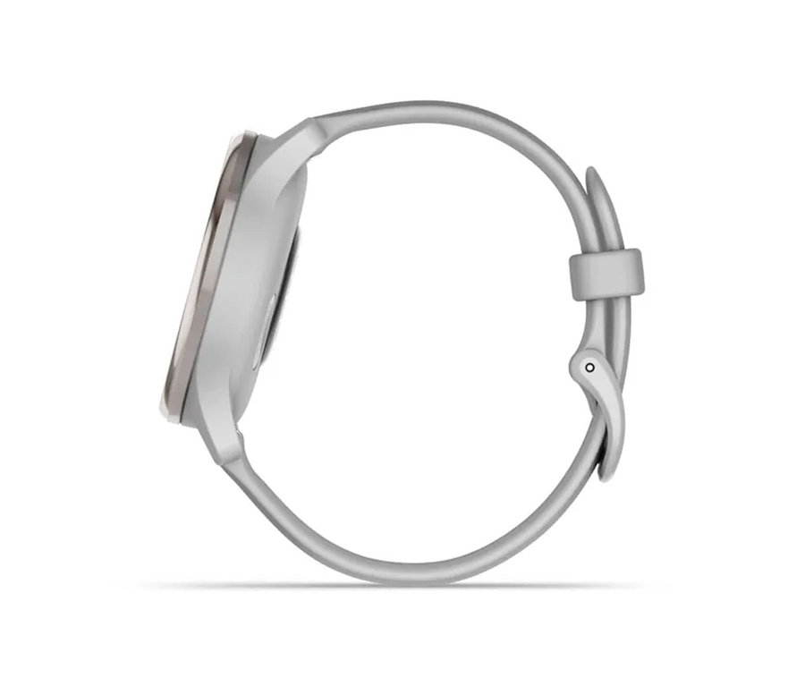 Detailansicht der hellgrauen GARMIN vivomove Trend, seitlich dargestellt.