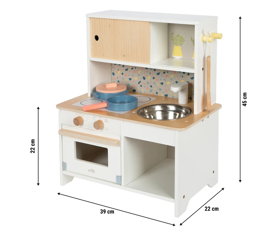 small foot Kinderküche »Terrazzo« aus Holz in Weiß mit Spüle, Herdplatten und Ofen.