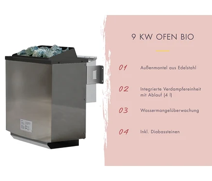 Ein 9 KW Bio Saunaofen aus Edelstahl mit schwarzer Oberseite, gefüllt mit Diabassteinen. Er verfügt über eine integrierte Verdampfereinheit mit Ablauf und Wassermangelüberwachung.