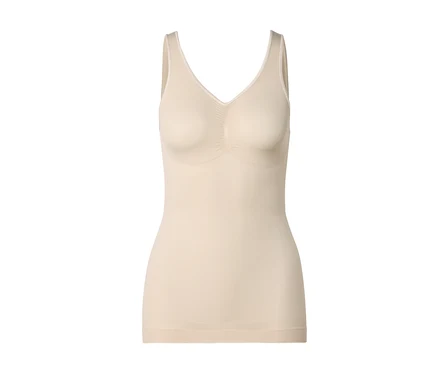 Ein hautfarbenes Tanktop mit V-Ausschnitt liegt vor einem weißen Hintergrund.