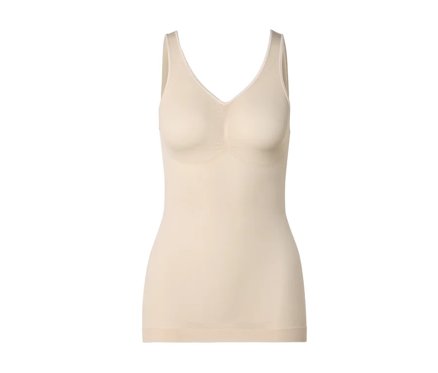 Ein hautfarbenes Tanktop mit V-Ausschnitt liegt vor einem weißen Hintergrund.