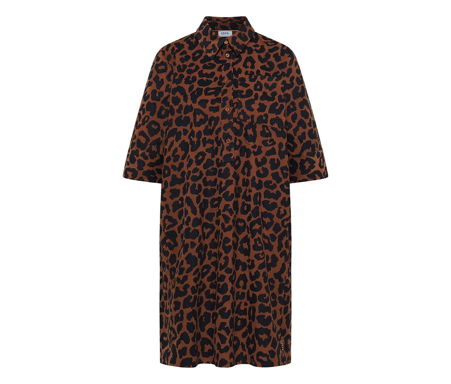 CECIL Cordkleid in Braun mit schwarzem Leopardenmuster, Kragen und 3/4-Ärmeln.