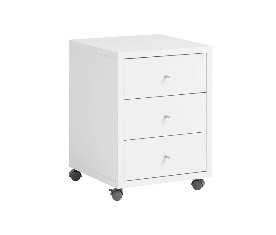 Weißer Rollcontainer »Office« mit drei Schubladen und Rollen.