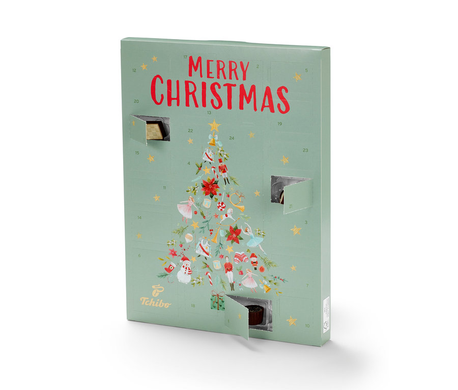 Tchibo Adventskalender mit Weihnachtsbaum-Motiv und der Aufschrift Merry Christmas.