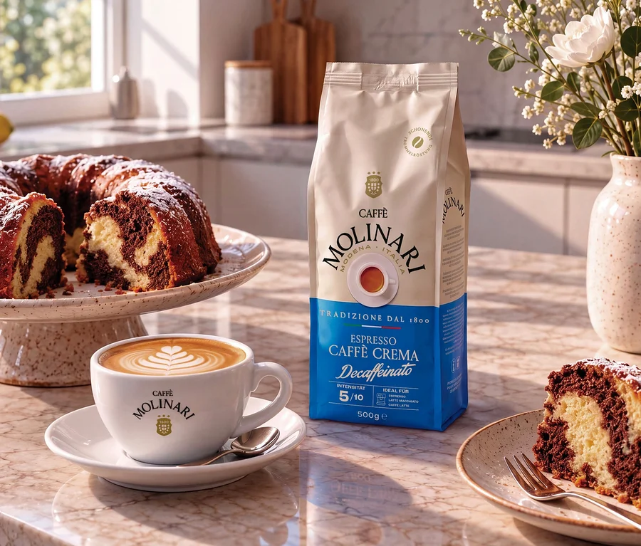 Marmorkuchen mit einem Stück auf einem Teller, eine Tasse Kaffee mit Latte Art und eine Packung Caffè Molinari Espresso Caffè Crema Decaffeinato auf einer Marmorarbeitsplatte. Im Hintergrund steht eine Vase mit weißen Blumen.