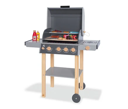 Grauer Pinolino Kindergrill »Jeff« mit Holzkohle, Würstchen, Gemüse und Soßenflaschen.