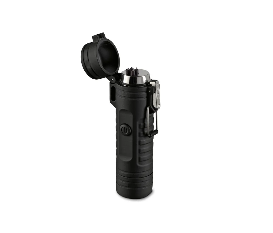 Eine schwarze 2-in-1-Taschenlampe mit geöffneter oberer Abdeckung.