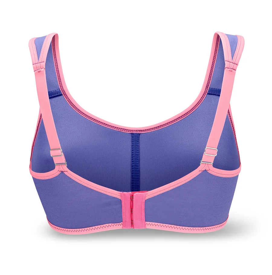 Rückansicht eines lila Sport-BHs mit rosa Trägern und Saum.