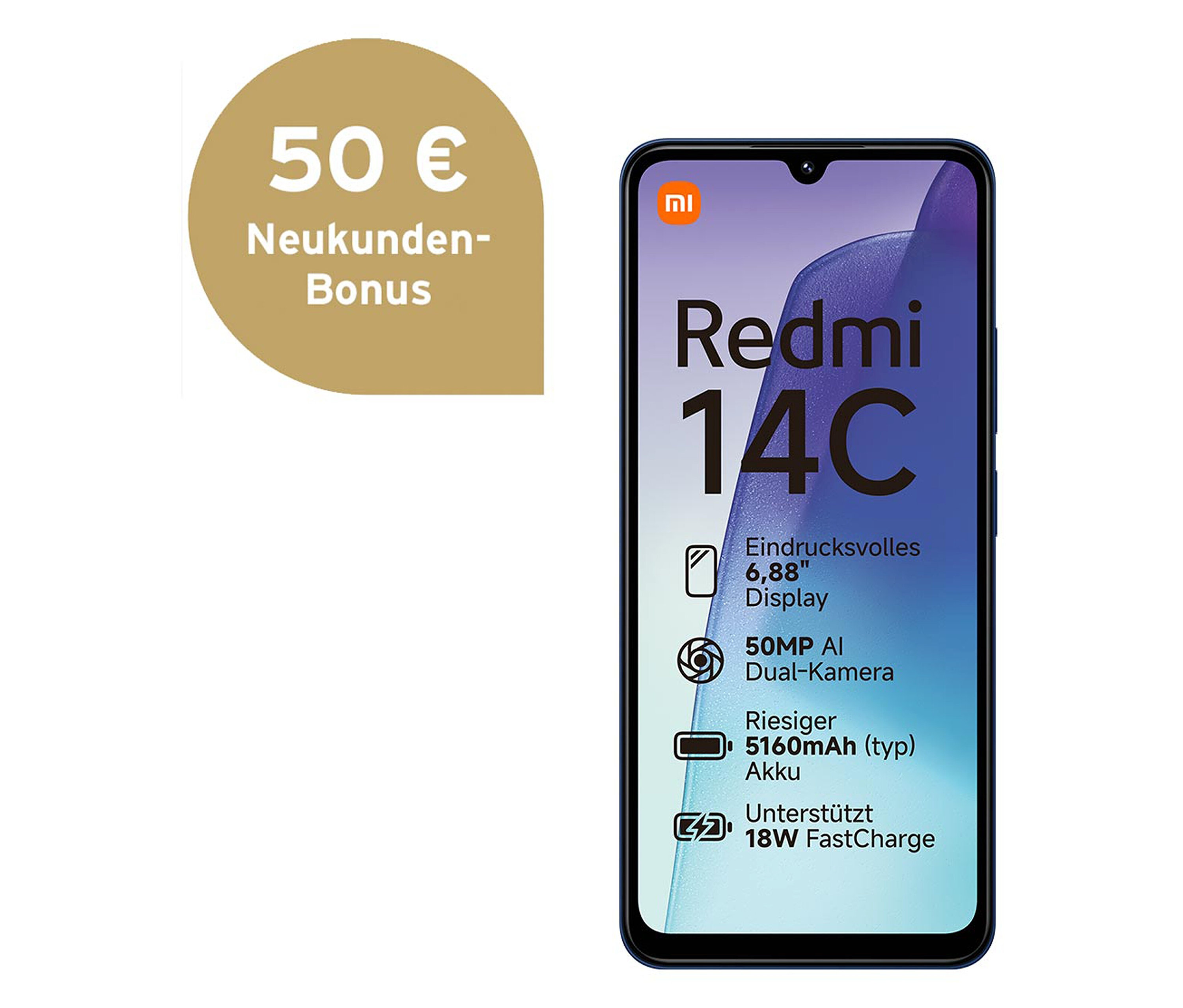 Abbildung eines Xiaomi Redmi 14C 128GB Starry Blue Mobiltelefons.