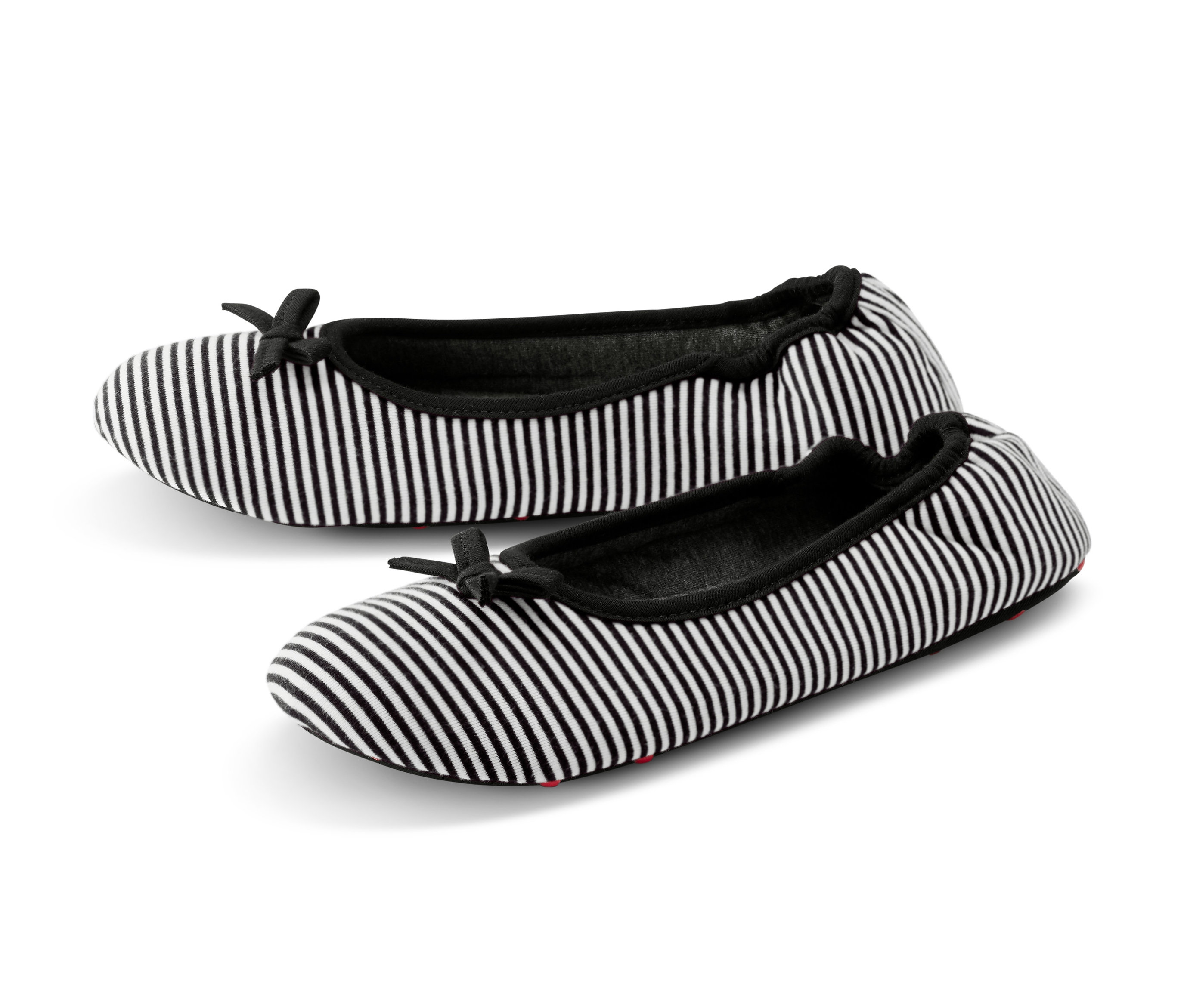 Zwei Ballerina-Hausschuhe mit schwarzen und weißen Streifen und schwarzer Schleife.