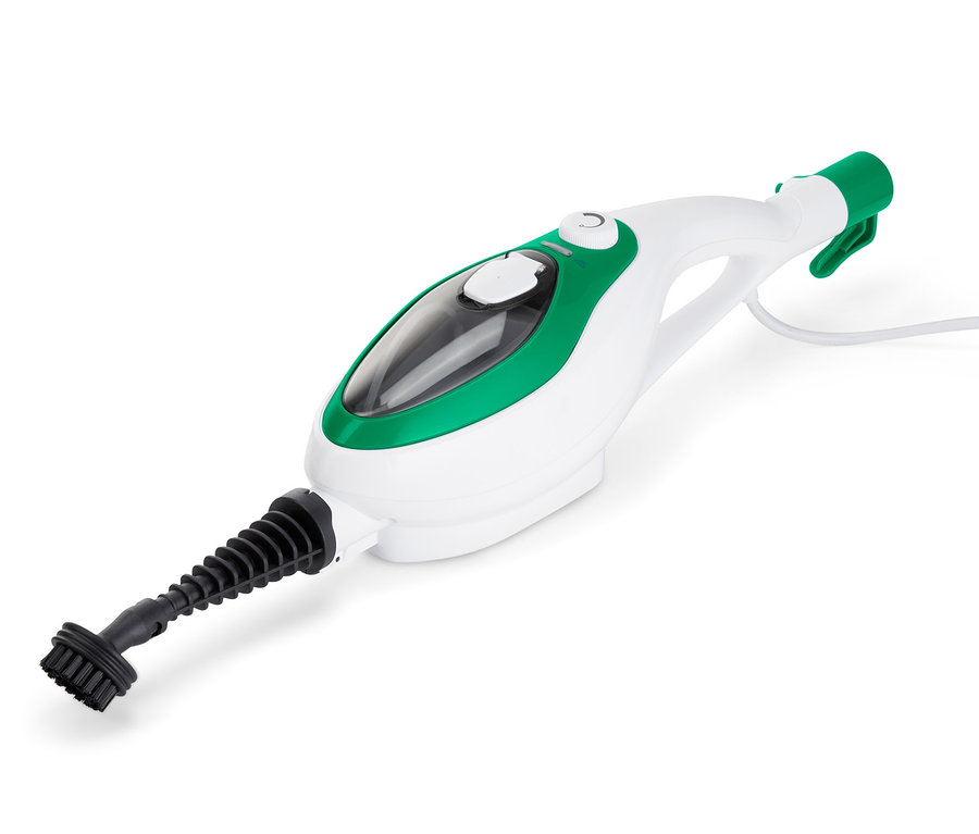 Detailaufnahme eines Multifunktionalen Dampfbesens mit schwarzer Bürste auf weißem Hintergrund.