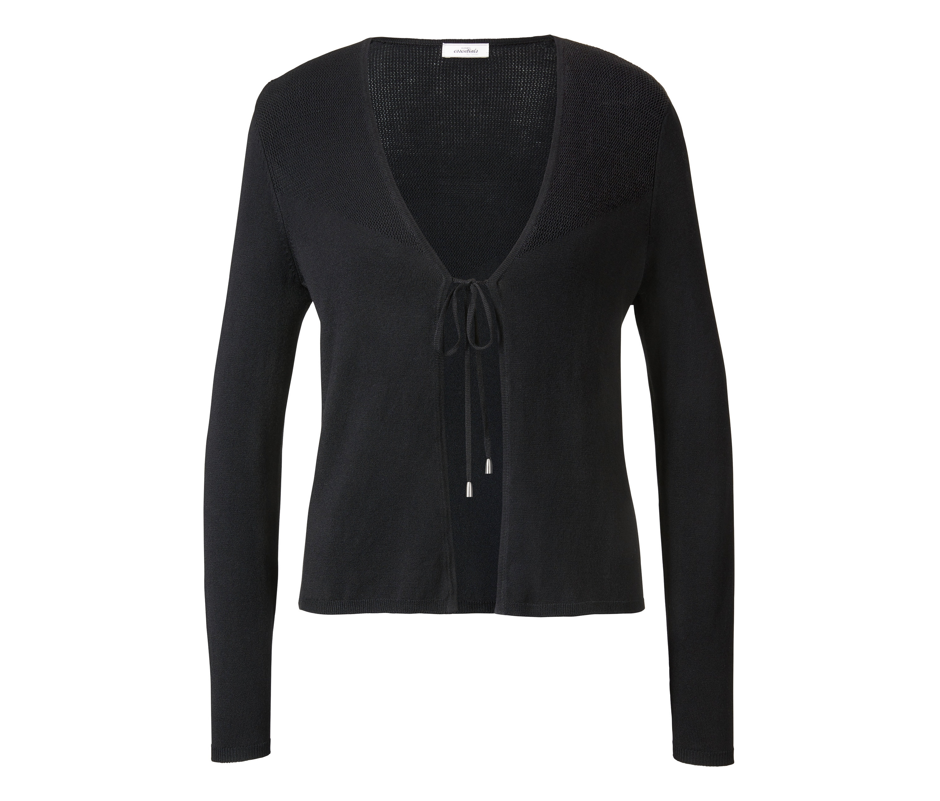 Schwarze Feinstrickjacke mit Bindeband.