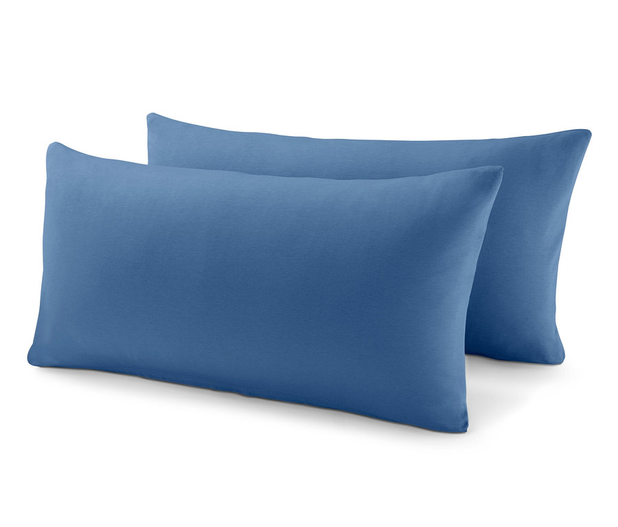 Zwei blaue Jersey-Kopfkissenbezüge, je ca. 80 x 40 cm.