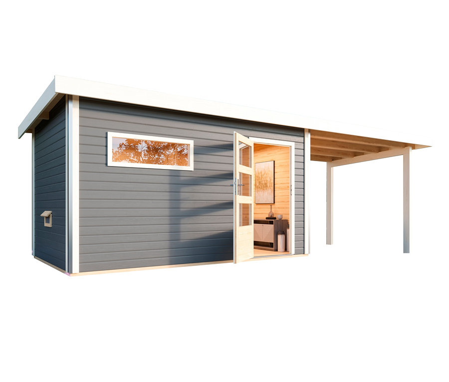 Karibu-Saunahaus »Logan 3« mit Fronteinstieg, inkl. 9kW-Bio-Kombiofen, Außenmaß ca. 396 x 231 cm.