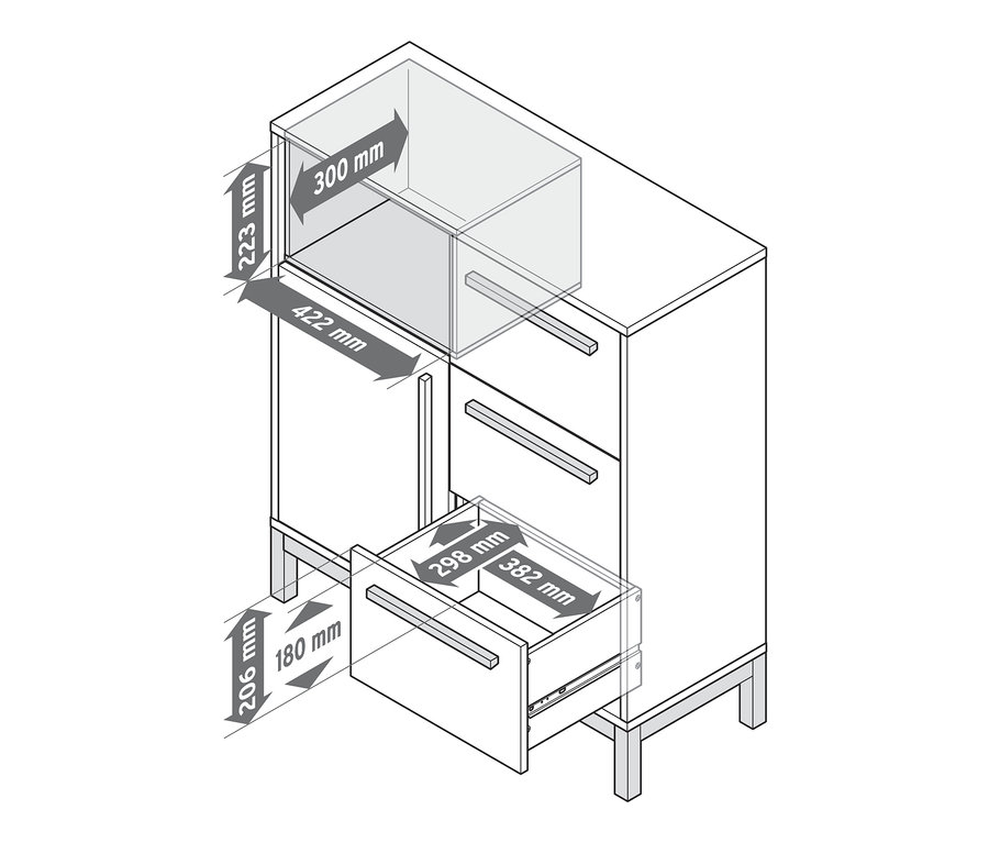 Eine Skizze von einem weißen Eklund Badezimmer-Sideboard mit offenen Türen und Schublade, zusammen mit den Abmessungen.