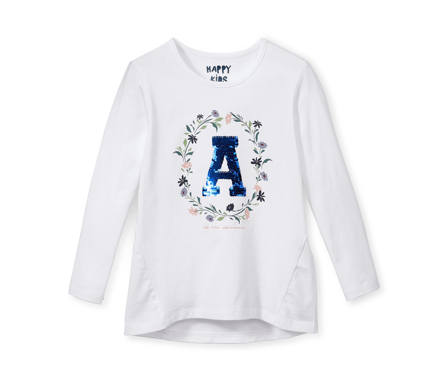 Weißes Langarmshirt mit Wendepailletten-A und Blumenkranz.