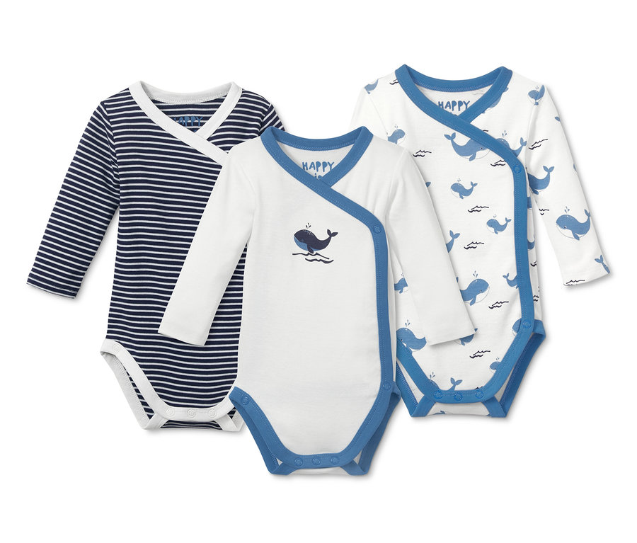Drei Langarmbodys: einer gestreift blau-weiss, zwei weiß mit blauer Umrandung und Wal-Print.