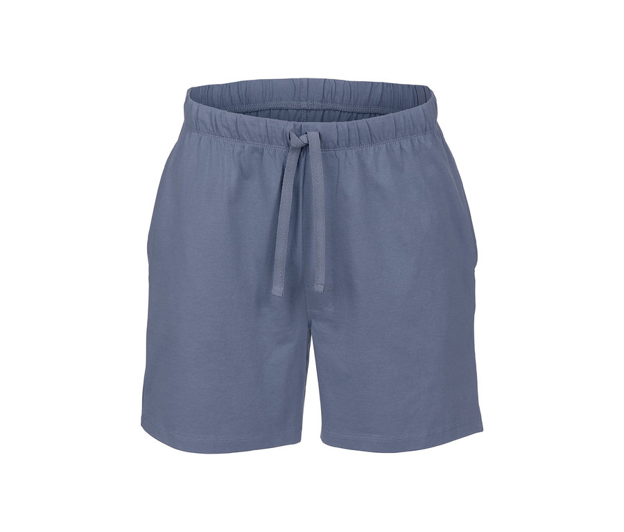 Eine blaue Shorty-Pyjama mit elastischem Bund und Kordelzug.