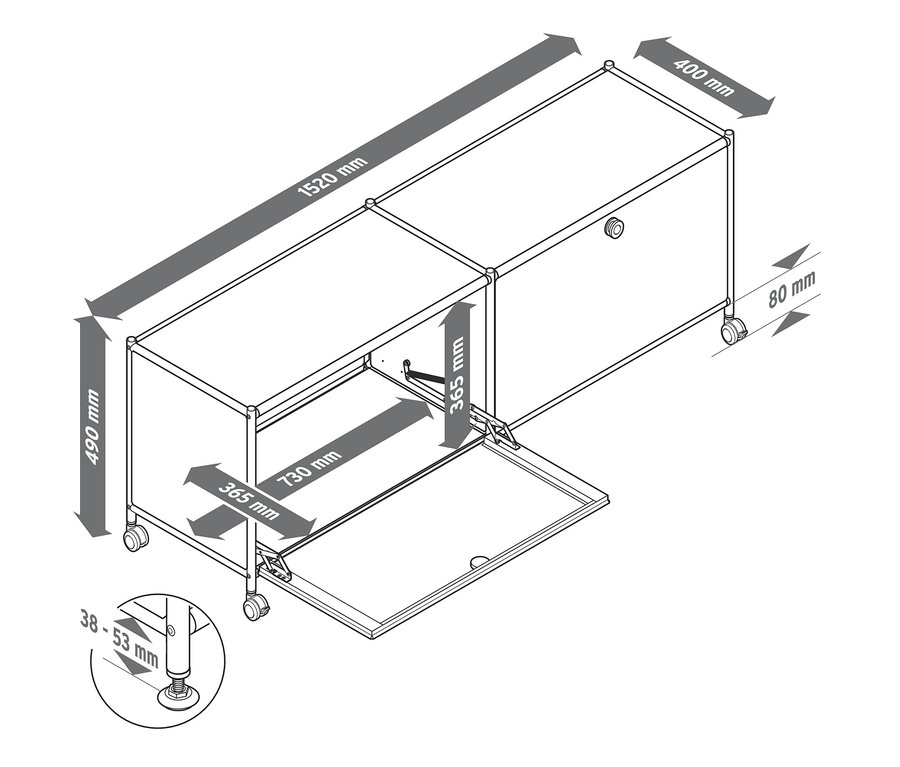 Metall-Lowboard mit 2 Klappenfächern und Abmessungen.