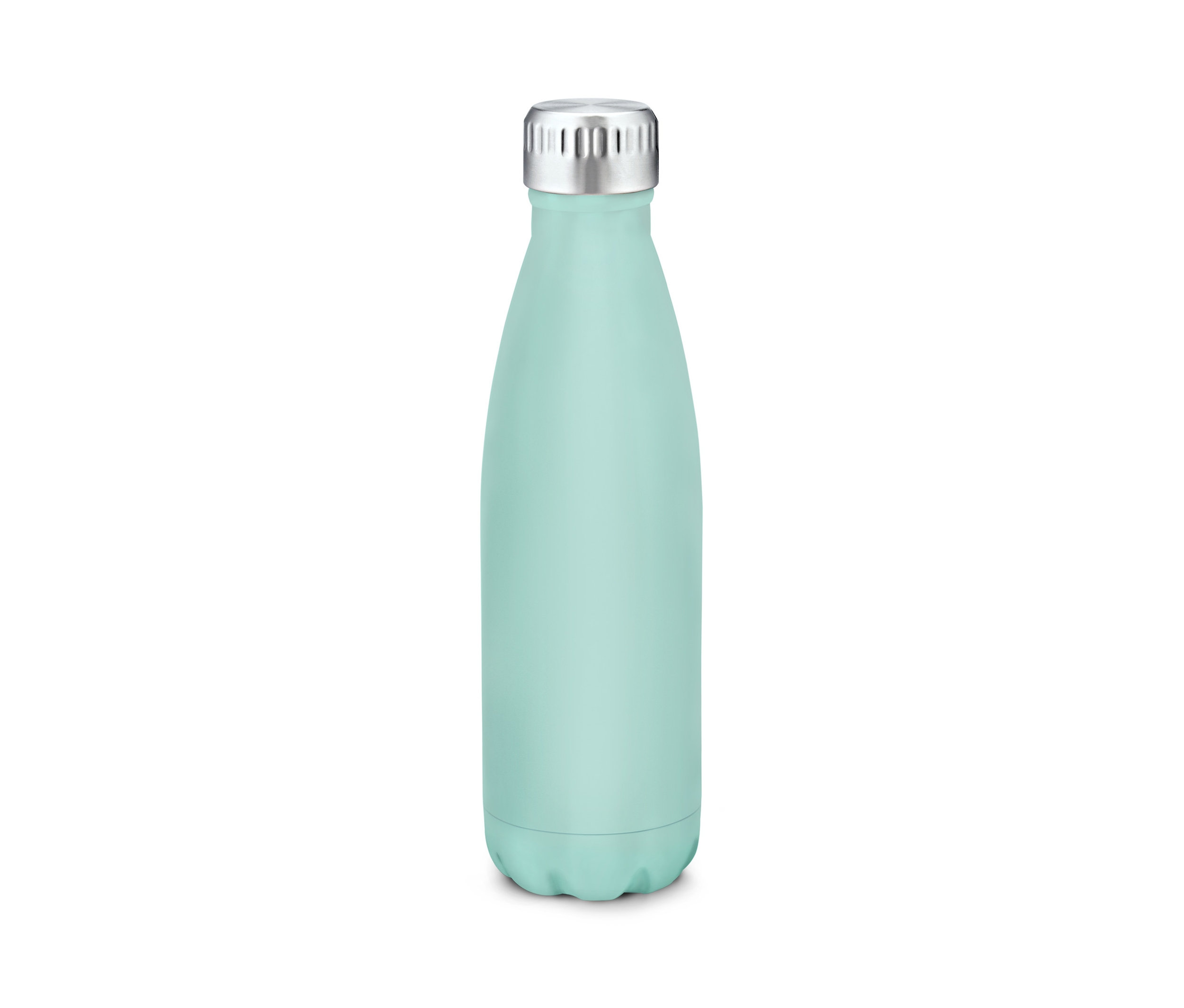 Eine hellblaue Isolier-Trinkflasche vor einem weißen Hintergrund.