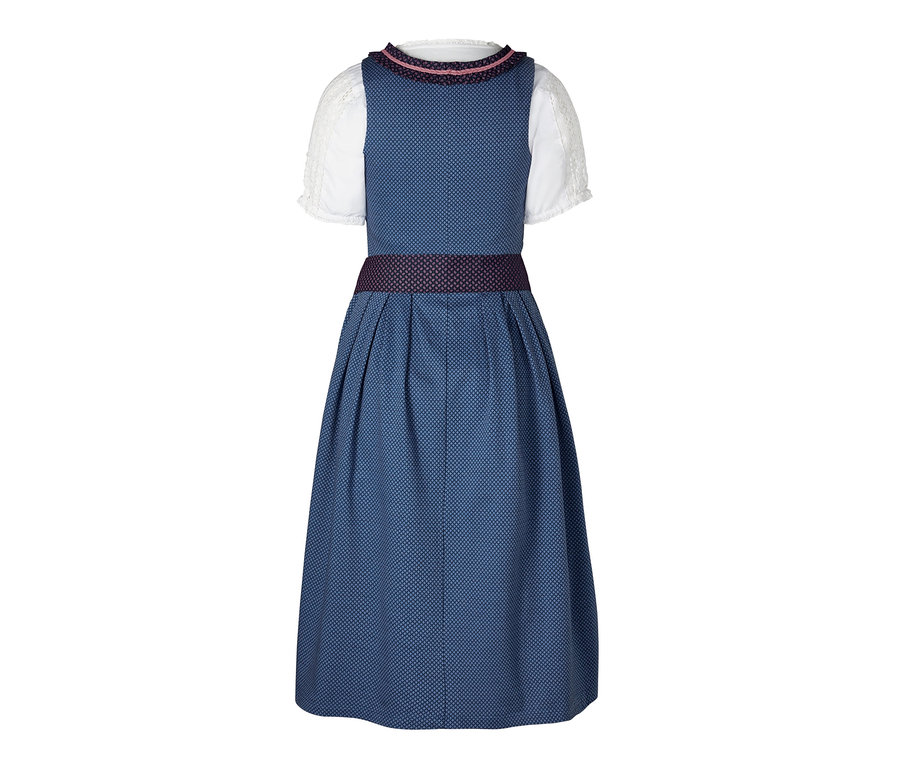 Blaues Stretch-Dirndl mit weißer Bluse.