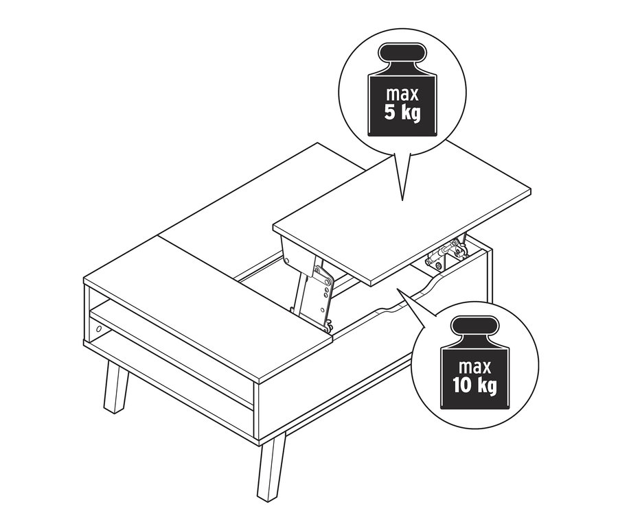 Eine Skizze von einem Couchtisch mit aufklappbarer Tischplatte. Die maximale Tragfähigkeit der aufklappbaren Tischplatte beträgt 5 kg und des unteren Teils 10 kg.