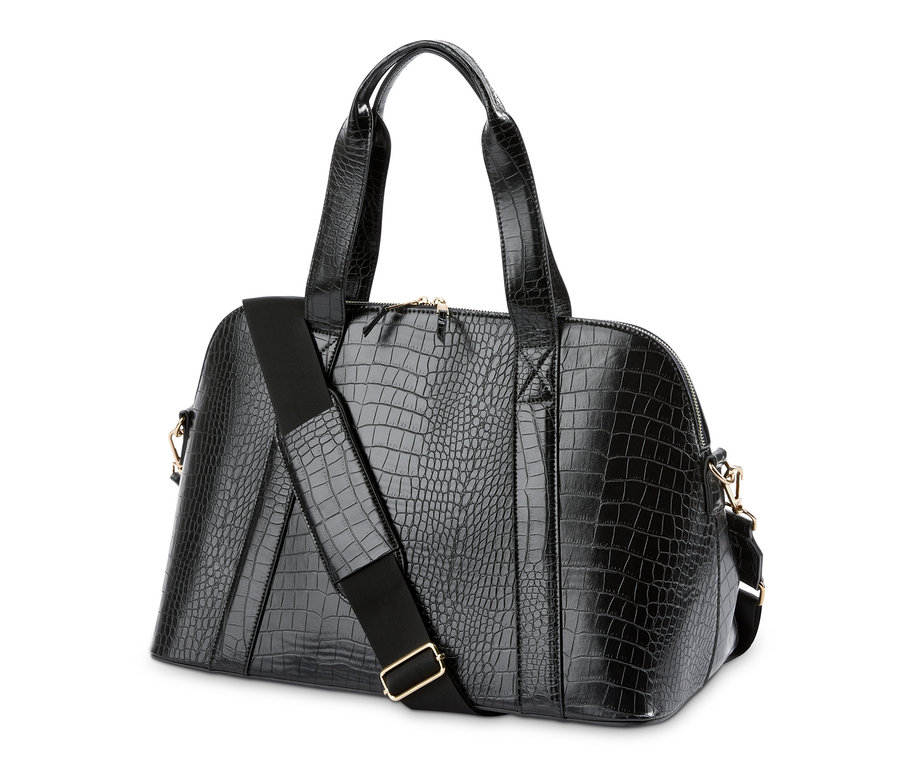 Schwarzer Weekender in Kroko-Optik mit Schultergurt.