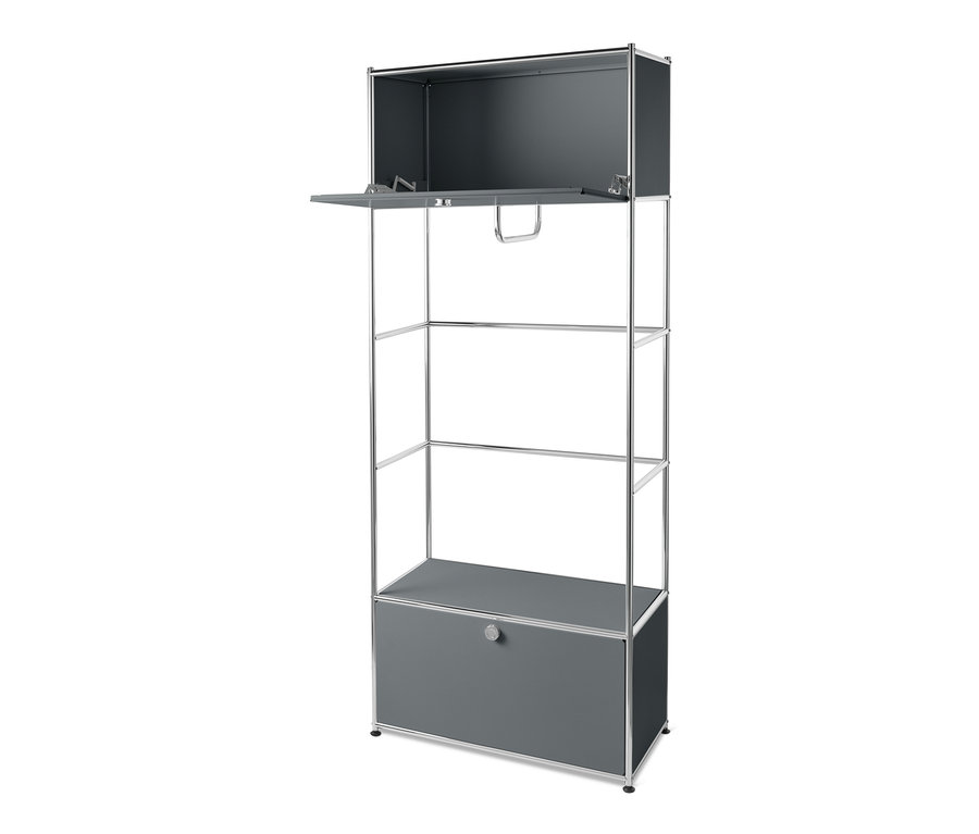 Graue Garderobe Metall »CN3« mit offenem Hängeschrank, drei Regalen und einer unteren Schublade.