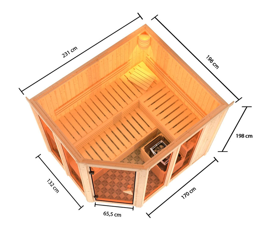 Draufsicht auf die Karibu Sauna »Scarlett 3« im Set mit 9-kW-Ofen und finnischer Steuerung.