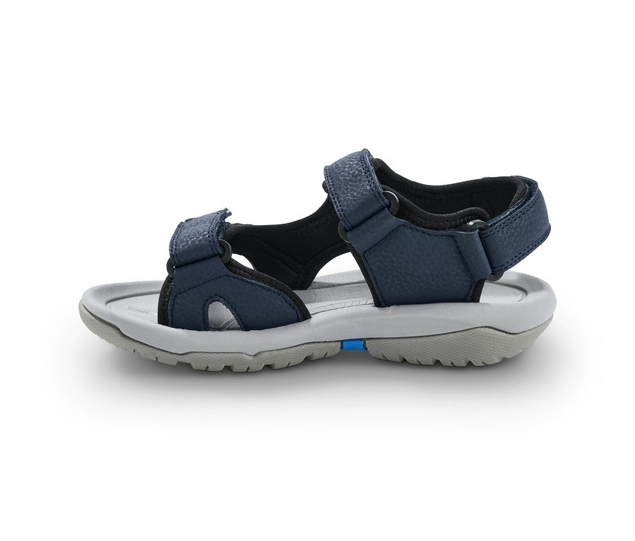Blaue Trekkingsandale mit verstellbaren Riemen und grauer Sohle.