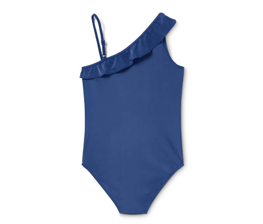 Blauer Badeanzug mit einem Träger und Rüschen.