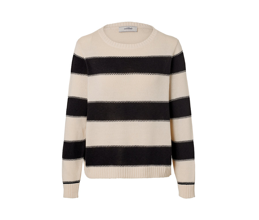 Gestreifter Strickpullover mit schwarzen und cremefarbenen horizontalen Streifen.