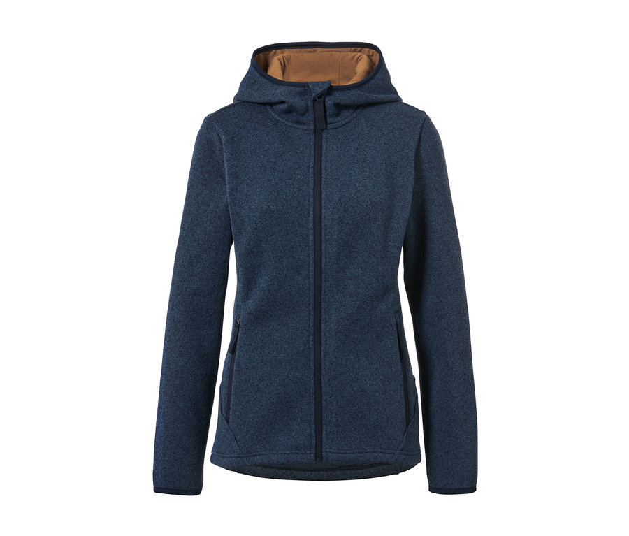 Dunkelblaue Strickfleece-Jacke mit Kapuze.