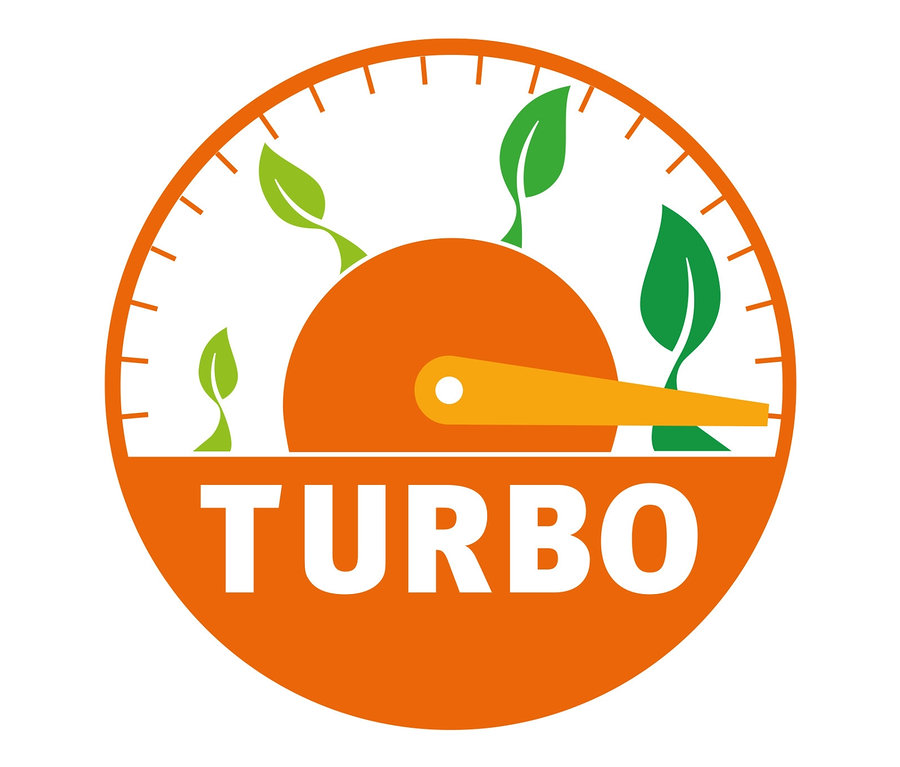 Illustration des Turbo-Produktlogos mit wachsenden Blättern und orangefarbenem Hintergrund.